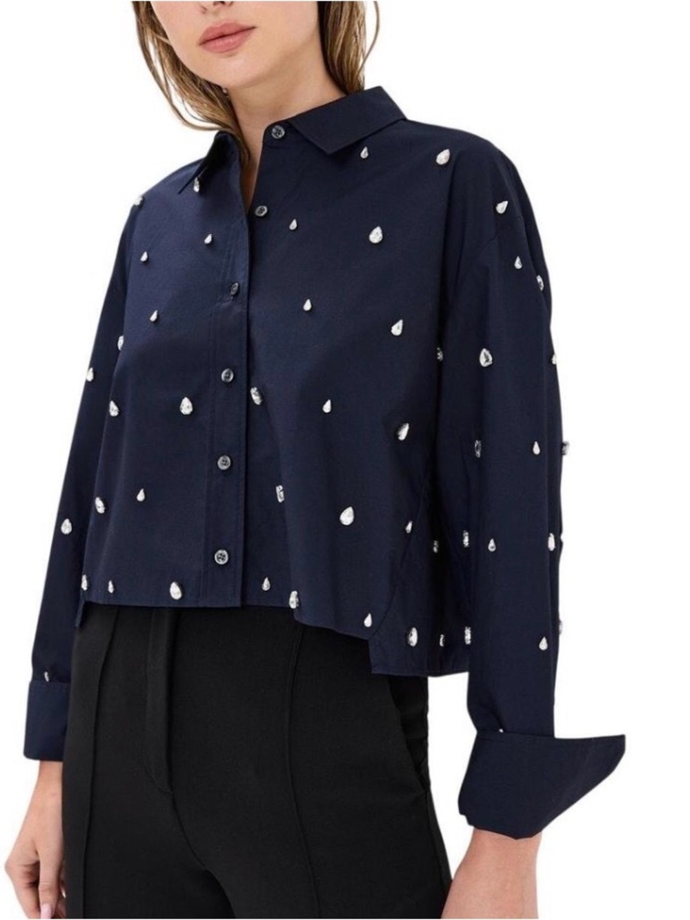 ALC Cropped Navy Button-Up Shirt with Teardrop rhinestone Embellishments